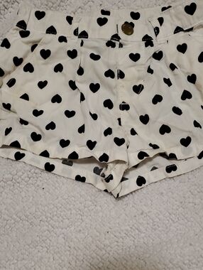 Girls' White Shorts with Black Heart Print - Casual Elastic Waist